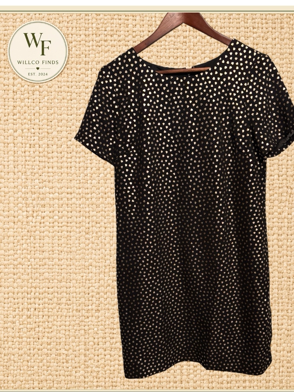 J.Crew Black Gold Metallic Heart Print Shift Dress Size 6